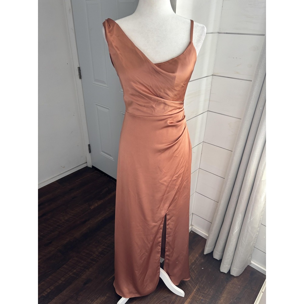 Revelry Dress Womens 4 Brown Satin One Shoulder Ruched Maxi Formal Bridesmaid